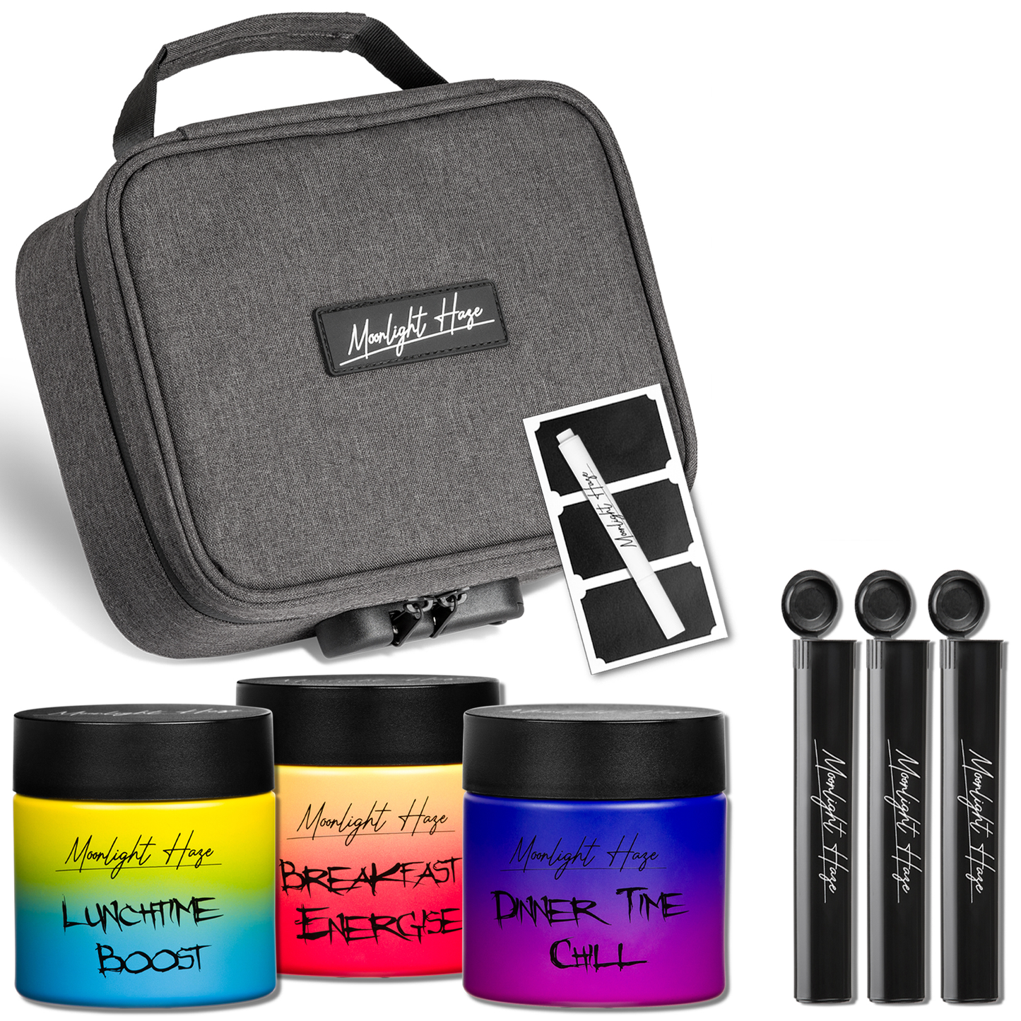 Smell Proof Bag WITHOUT GRINDER, 3x Stash Jars & 3x Doob Tubes