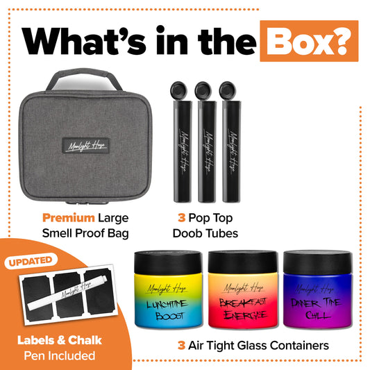 Smell Proof Bag WITHOUT GRINDER, 3x Stash Jars & 3x Doob Tubes