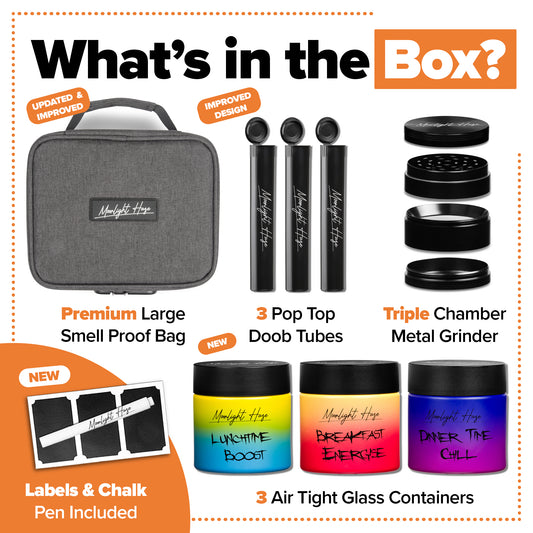 Smell Proof Bag with Medium (50mm / 2") Grinder, 3x Stash Jars & 3x Doob Tubes