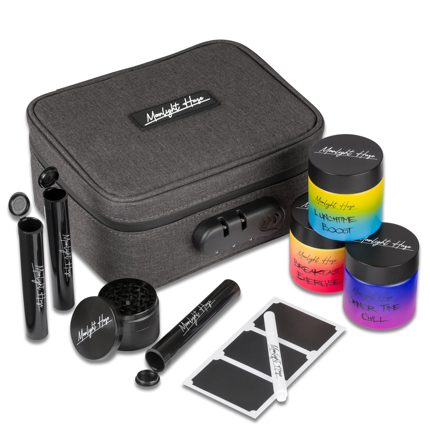 Smell Proof Bag with Medium (50mm / 2") Grinder, 3x Stash Jars & 3x Doob Tubes